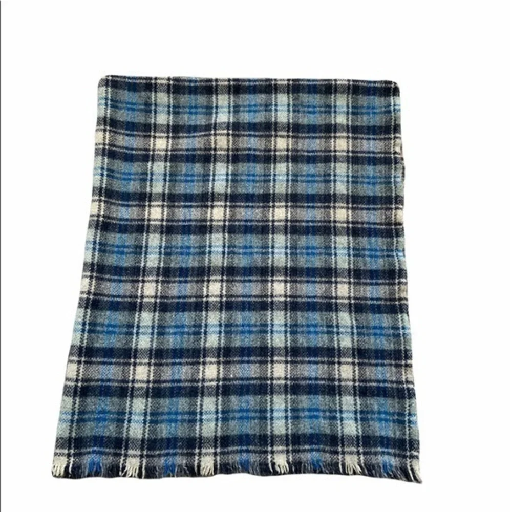 Ballantyne‎ Pure Wool Blue Plaid Checkered Fringe Vintage Throw Blanket